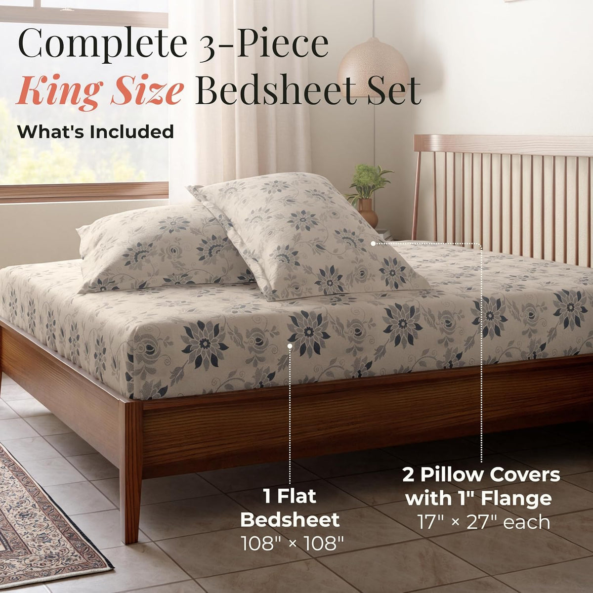 HOKIPO King Size Cotton Bedsheet, 2 Pillow Covers, Ivory & Navy Blue - image 6