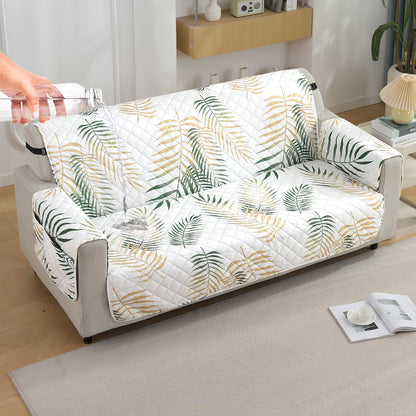 Quilted Waterproof Sofa Cover Mat with Pockets on Armrest Cover - Palm Leaves Forest Green