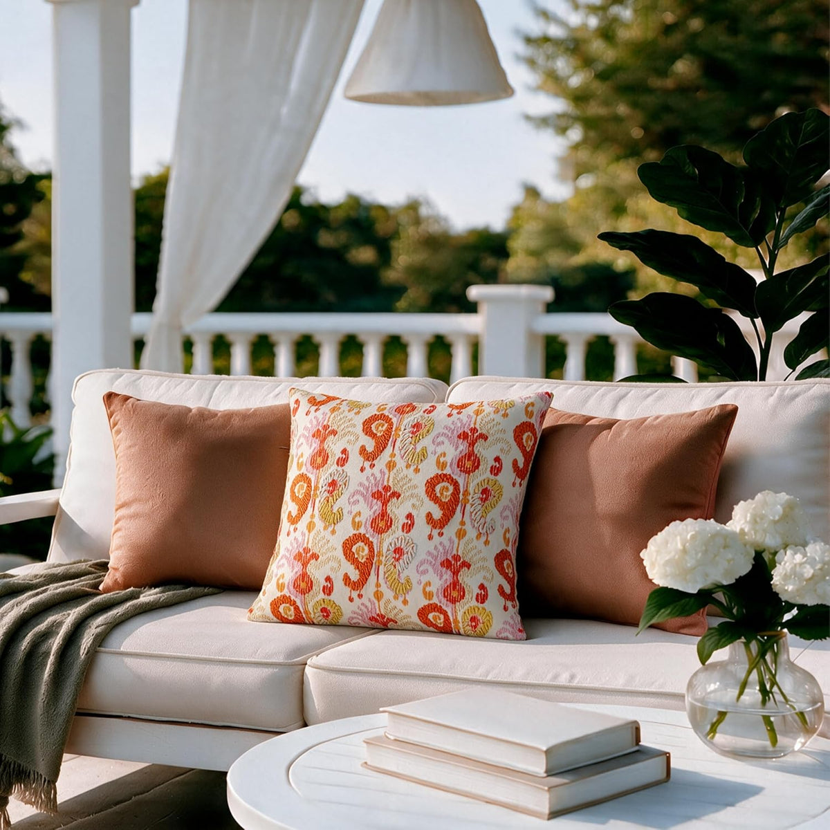 HOKIPO Printed Cushion Cover with Embroidery, Folk Paisley Peach Orange, 16 x 16 in - image 7