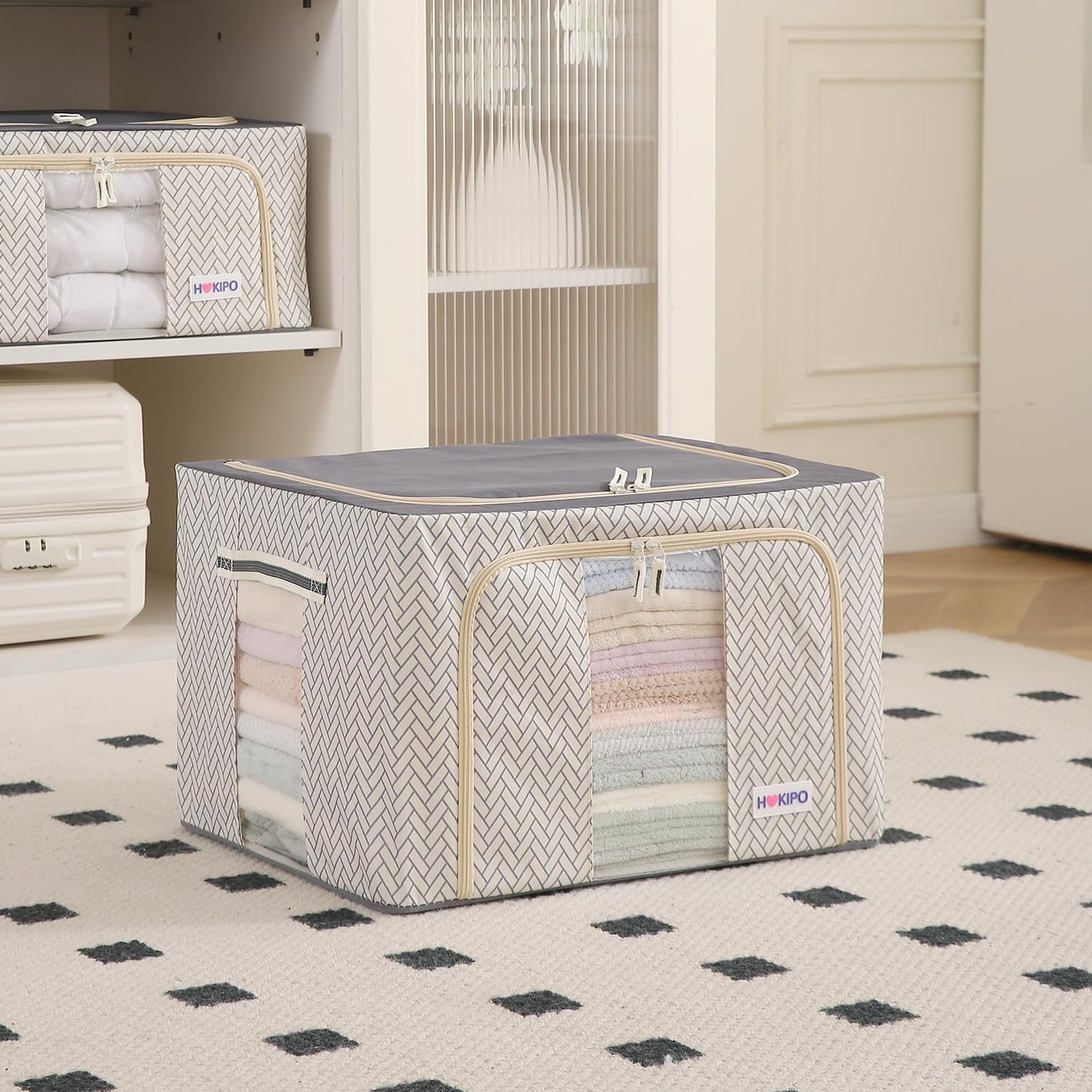Wardrobe Organizer Storage Box | Foldable Cloth Storage Boxes with Metal Frame & Window | 600D Oxford Fabric, Cream Mist