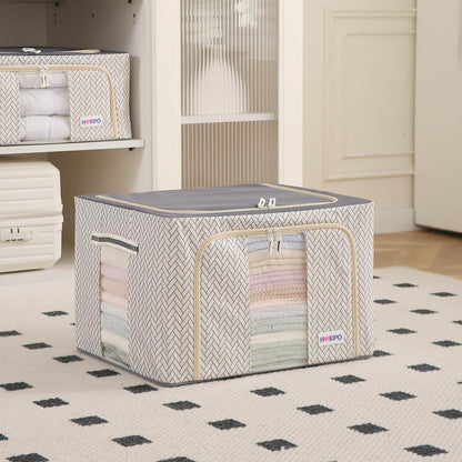 Wardrobe Organizer Storage Box | Foldable Cloth Storage Boxes with Metal Frame & Window | 600D Oxford Fabric, Cream Mist