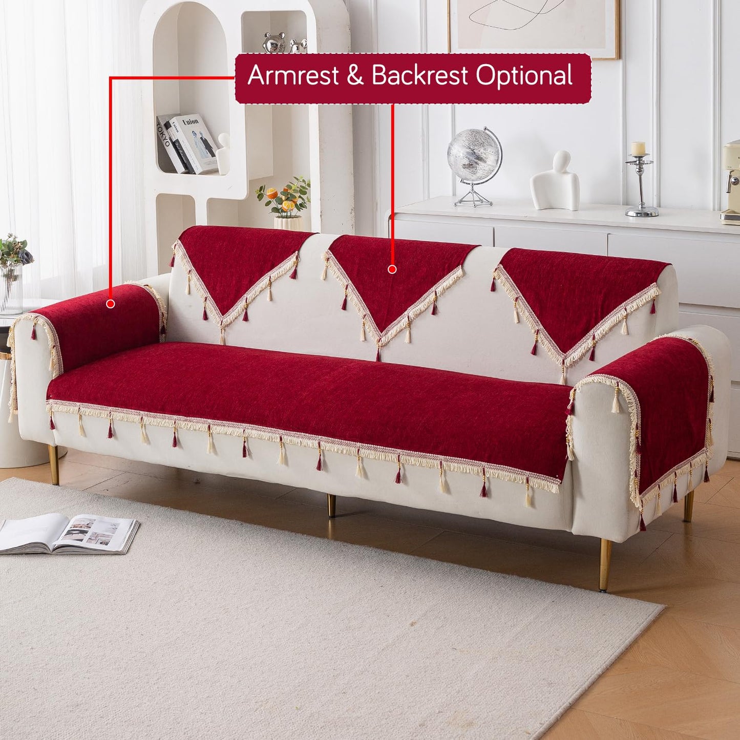 Serenity Tassel Chenille Sofa Cover with Tassel – Crimson Ruby