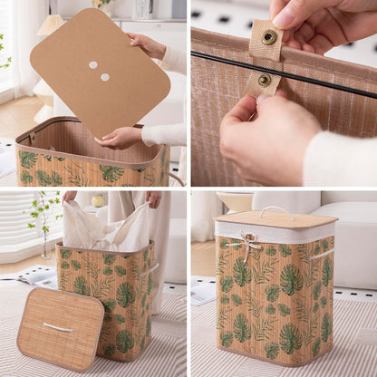 Eco-Friendly Foldable Bamboo Laundry Basket Hamper with Lid, Large - 60 Liter, Tropical Leaves