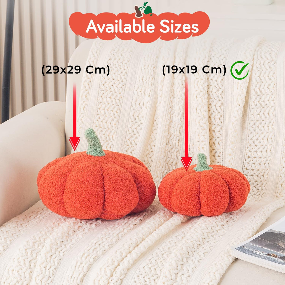 HOKIPO Pumpkin Shaped Plush Cushion for Autumn Decor, 19 cm, Orange