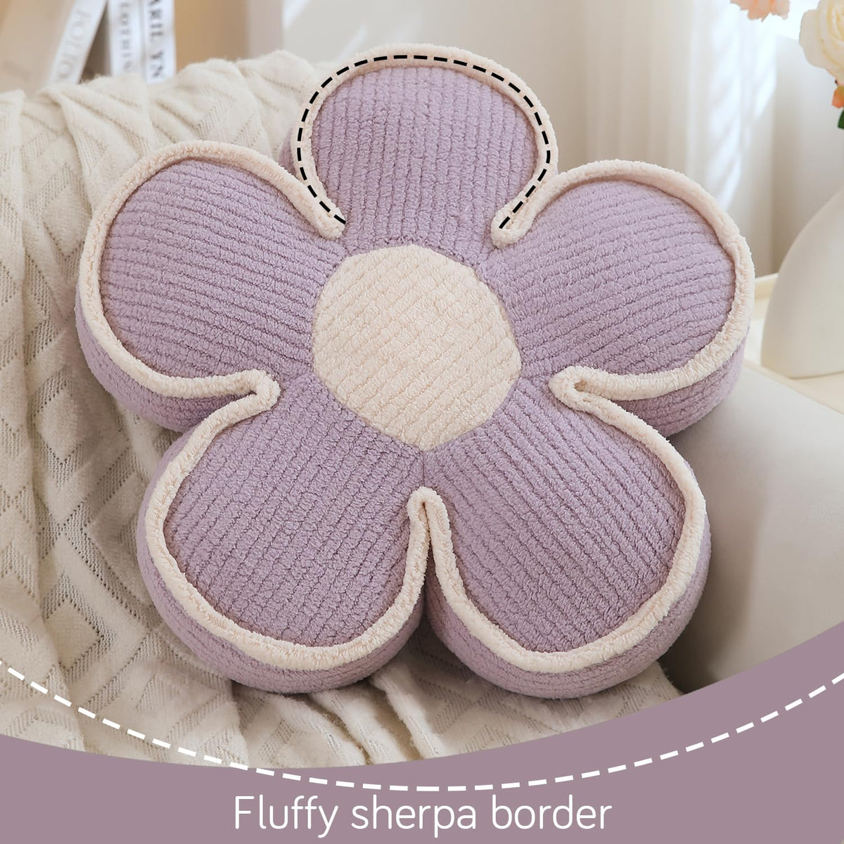 HOKIPO Plush Cotton Flower Cushion | Decorative Throw Pillow for Bed & Sofa - Lavender Fog
