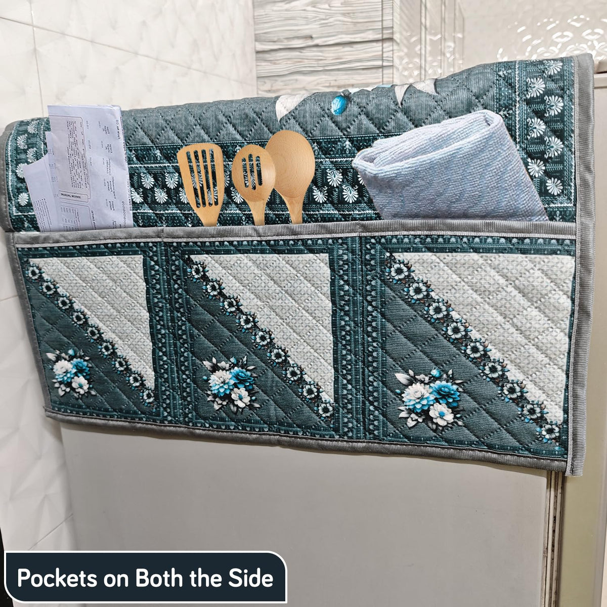 Eternal Floral Printed Quilted Fridge Top Cover with side Pockets - Moonlit Blossom