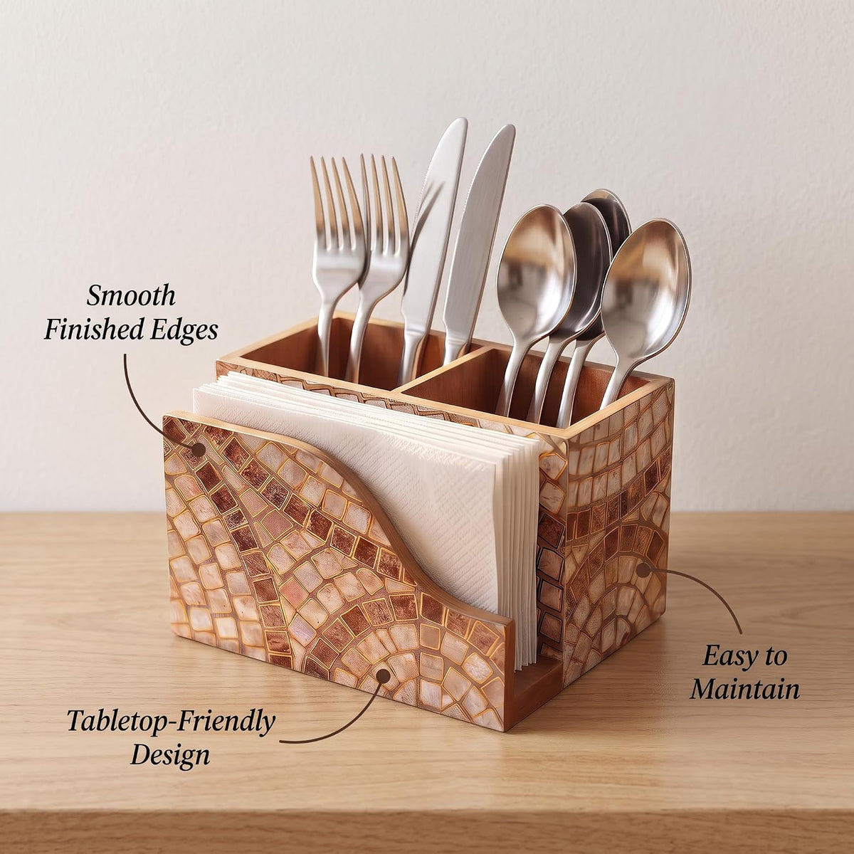 HOKIPO Cutlery Holder with Napkin Stand, Engineered Wood, Meher Mosaic - image 3