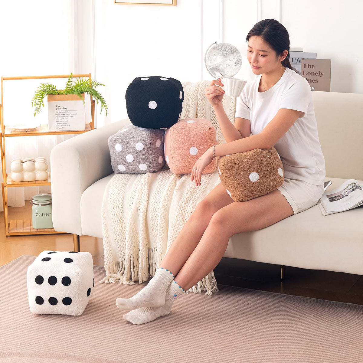 HOKIPO Dice Shaped Plush Cushion for Gaming Room & Kids Decor, 22 cm, Peach