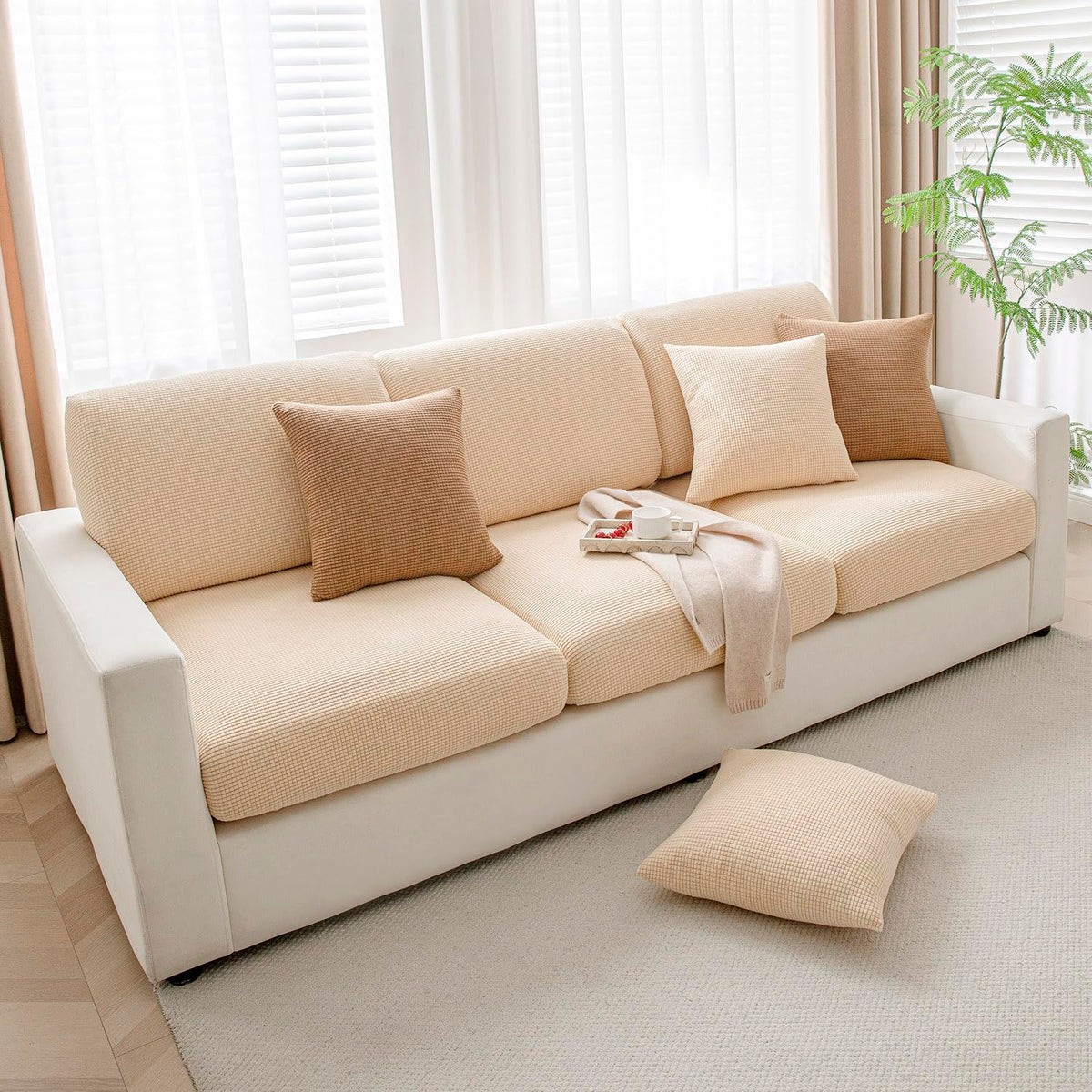Luxurious Beige Colour Grid Jacquard Sofa Pillow Cover