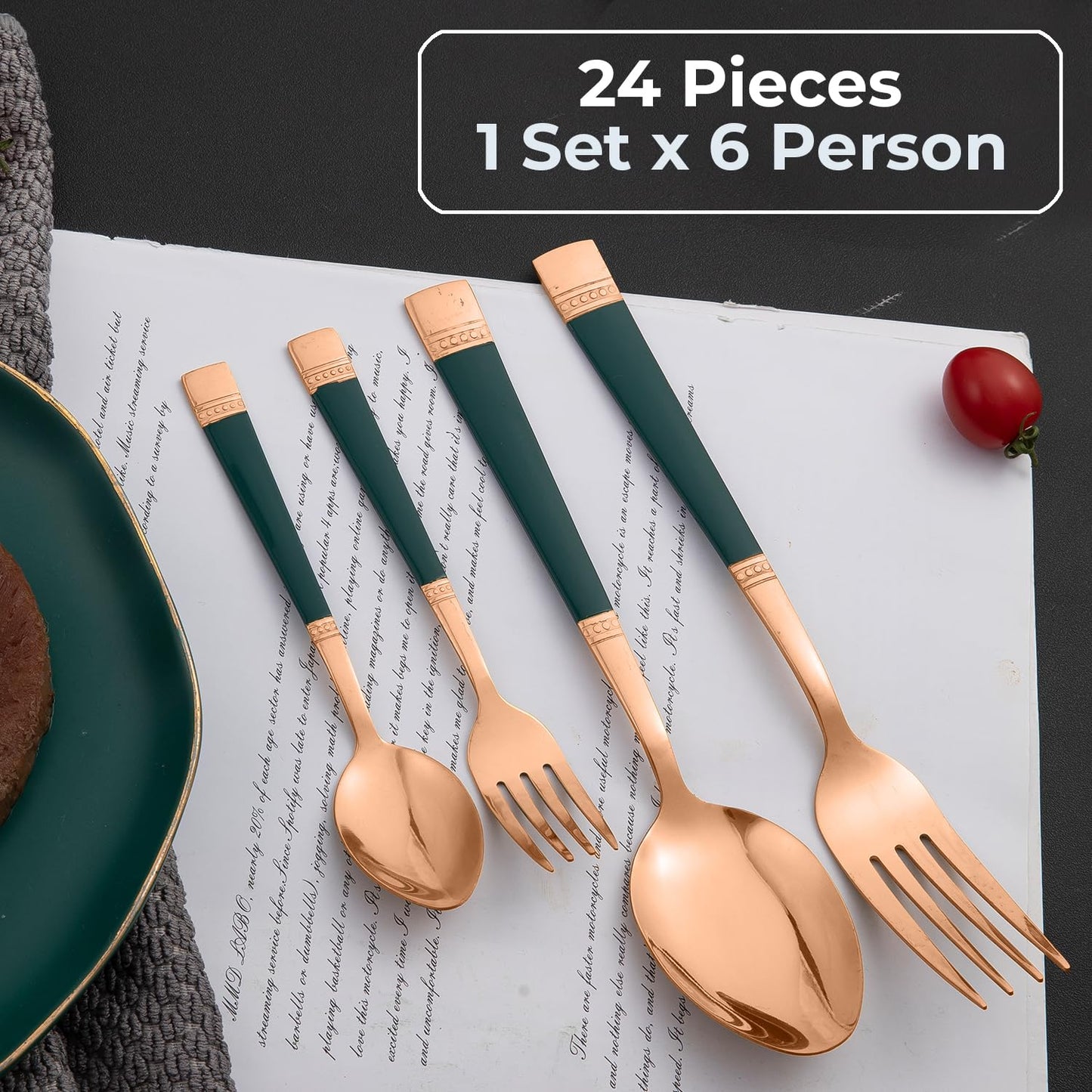 Cutlery Set of 18 / 24 Pcs Stainless Steel Flatware Set, Mirror Finish - Rose Gold