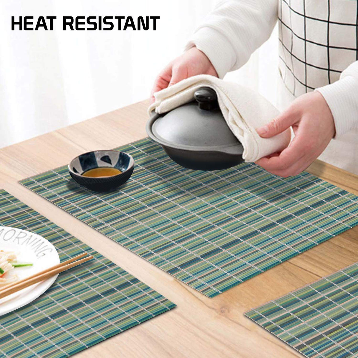 Buy Sea Green Stripes colour premium heat resistant bamboo dining table mat | Hokipo