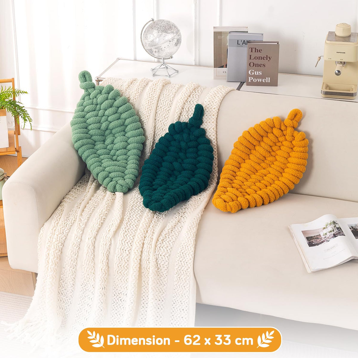 HOKIPO Leaf Shaped Plush Cushion for Sofa, Chair & Bed, 62 cm, Yellow