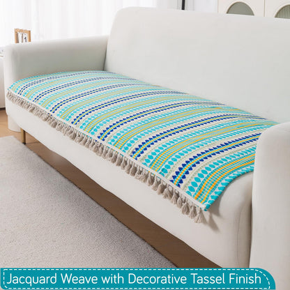 Artisan Boho 5-Seater Sofa Seat Mat with Tassels (3+1+1), Aqua Blue
