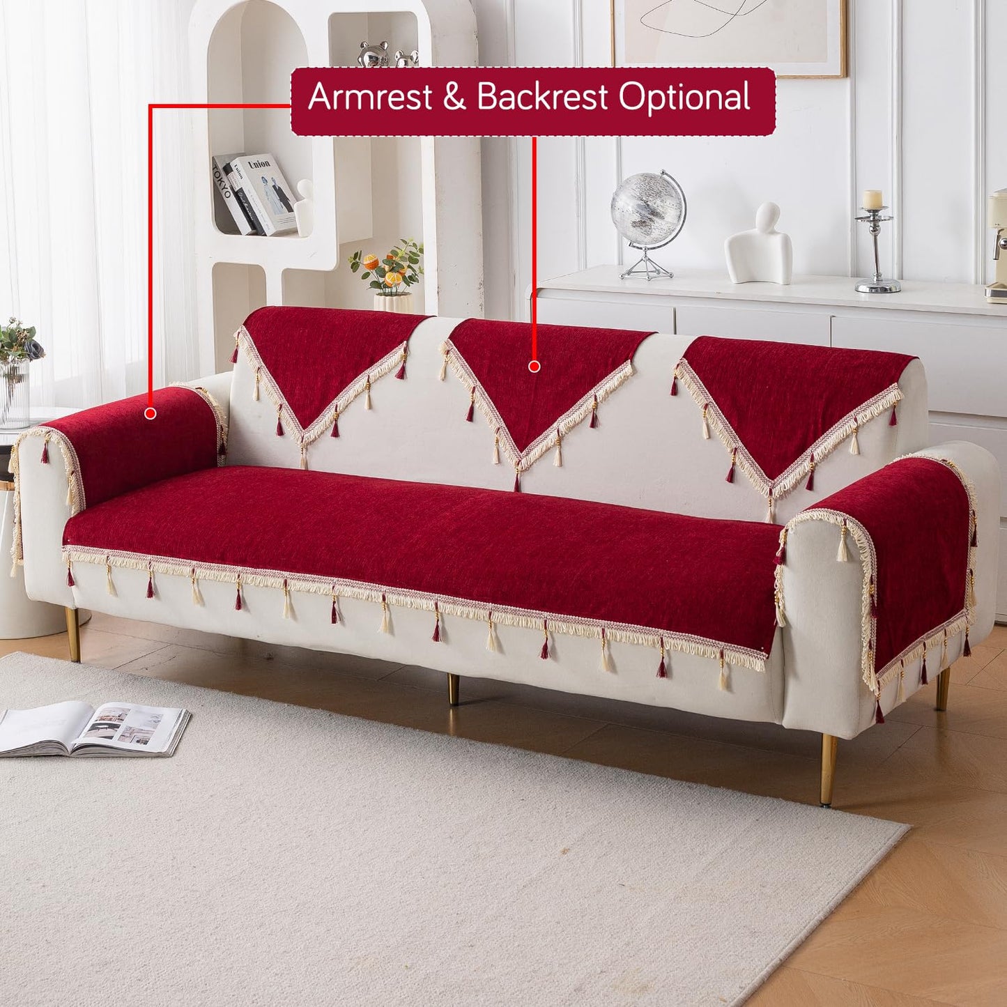Serenity Tassel Chenille Sofa Cover with Tassel – Crimson Ruby