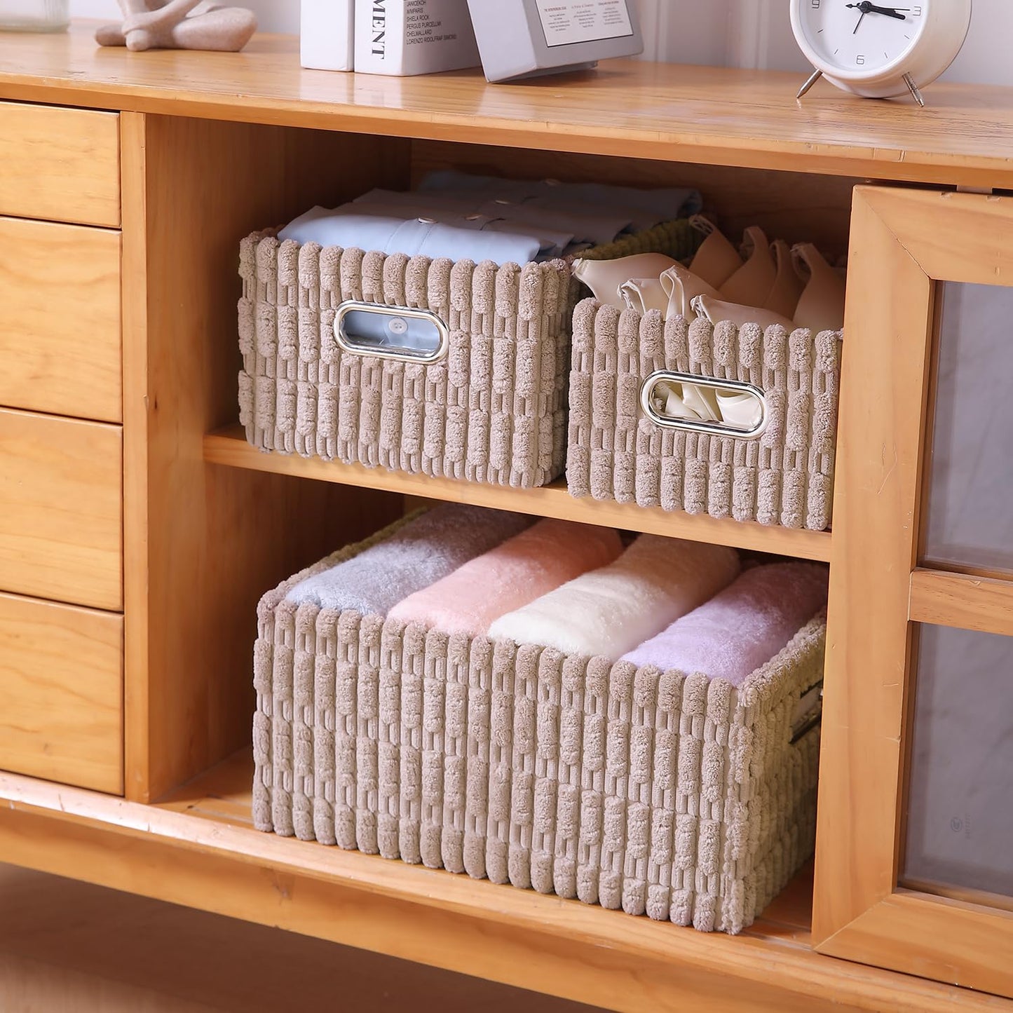 Plush Storage Organizer Baskets for Storage, Set of 3, Light Brown