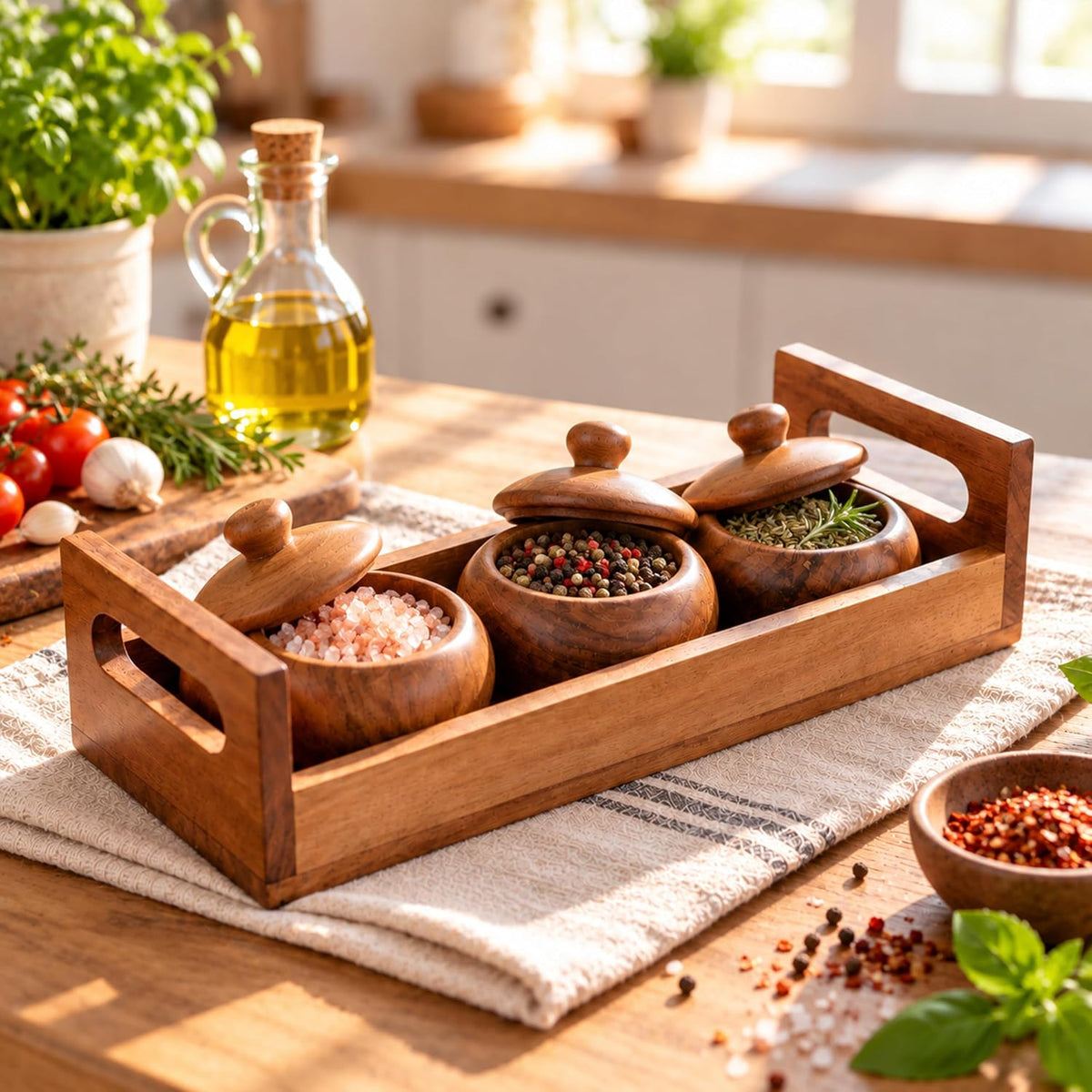 HOKIPO Arbor Acacia Wood Spice Jar Set with Tray, 3 Jars, Masala Box - image 1