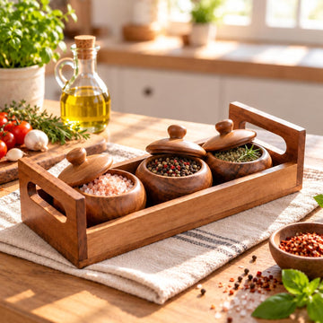 HOKIPO Arbor Acacia Wood Spice Jar Set with Tray, 3 Jars, Masala Box - image 1