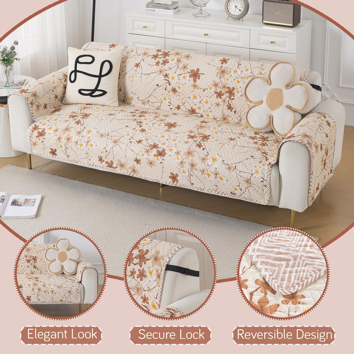 Easy Drape Reversible Quilted 5-Seater Sofa Cover (3+1+1), Golden Bloom