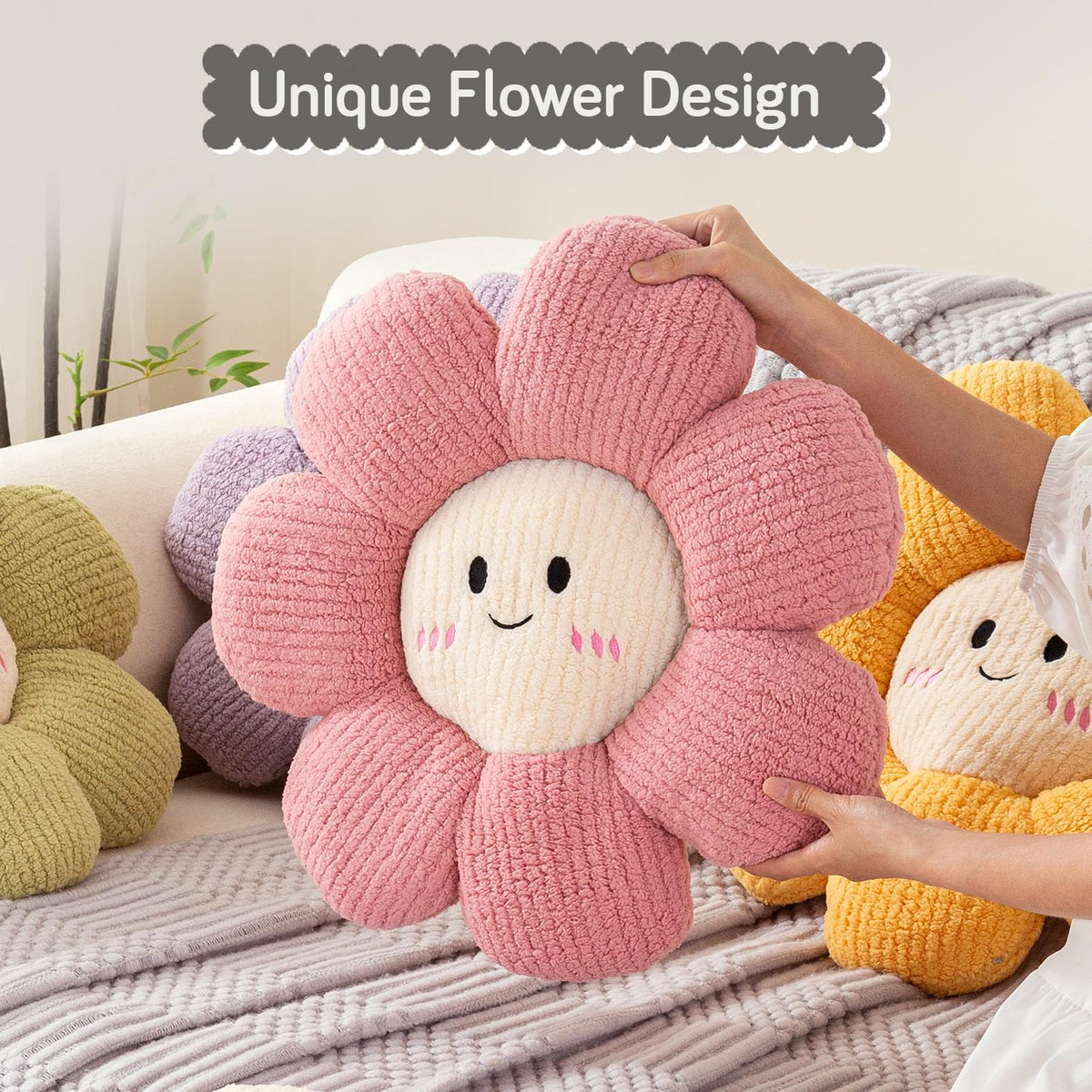HOKIPO Smiley Daisy Flower Throw Pillow | Soft Plush Floral Cushion for Sofa, Couch & Bed | Cute Pillow for Kids Room & Home Décor - 46 cm, Pebble Grey (AR-6729-GRY)