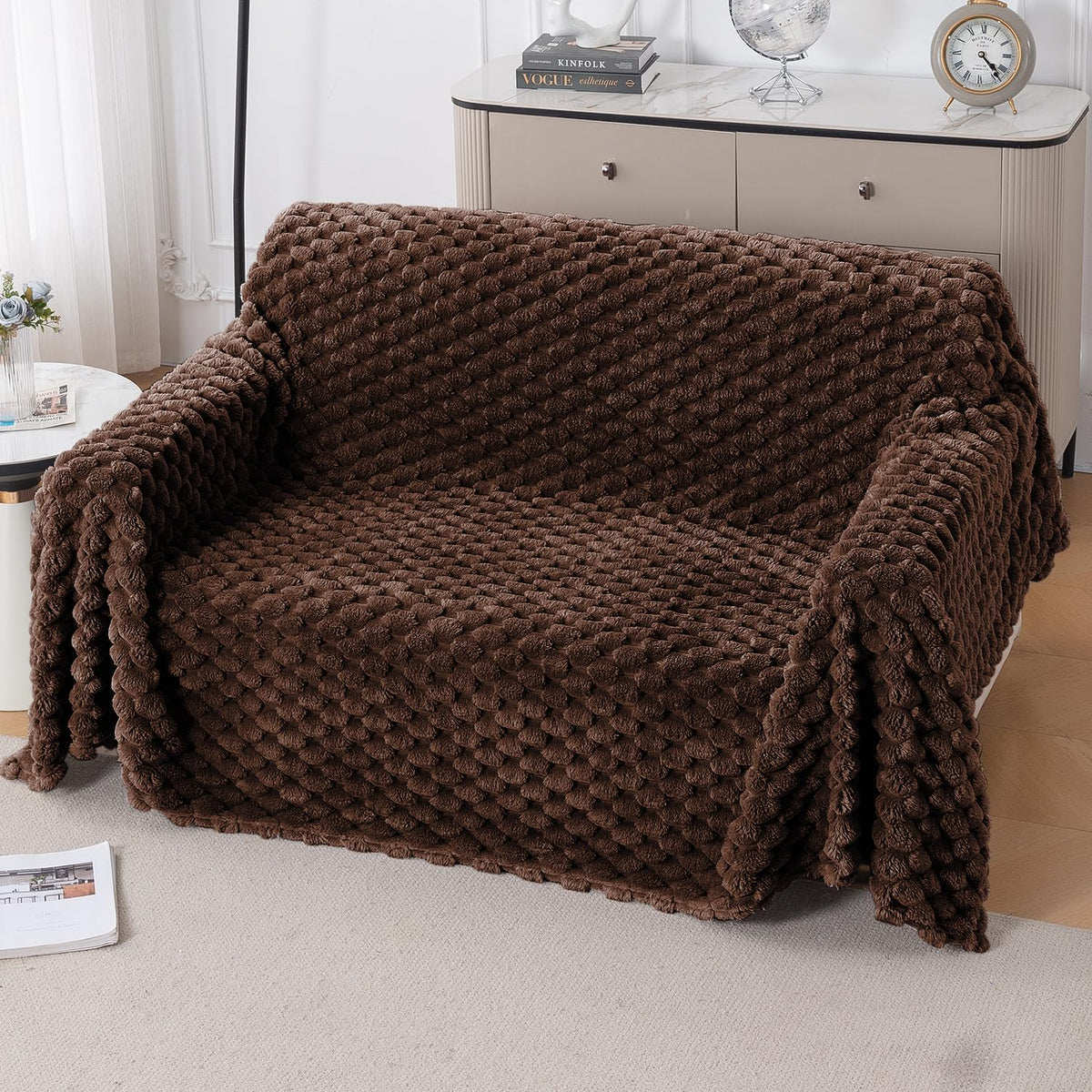 Luxury Rabbit Wool Plush Sofa Fluffy Throw, Dark Chocolate