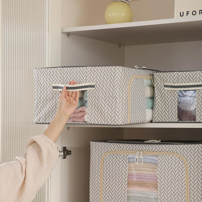 Wardrobe Organizer Storage Box | Foldable Cloth Storage Boxes with Metal Frame & Window | 600D Oxford Fabric, Cream Mist