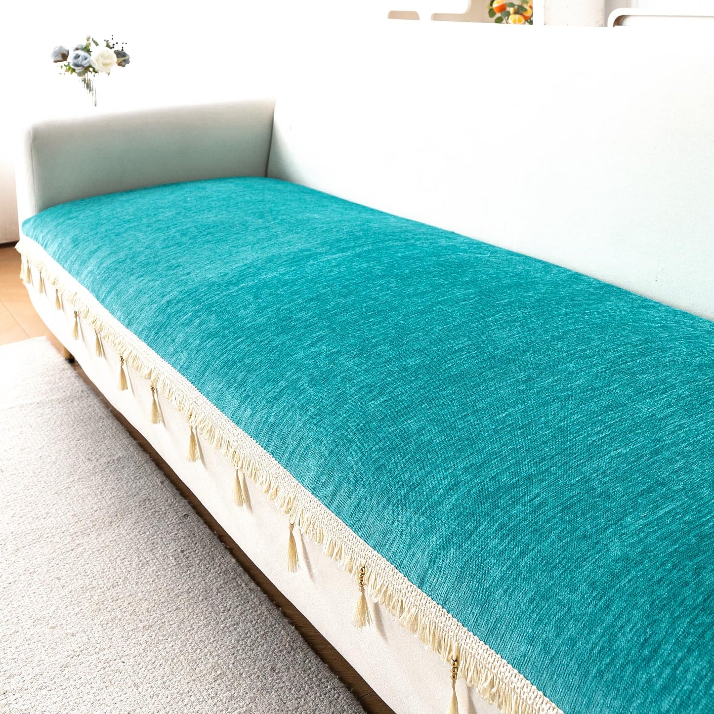 Serenity Tassel Chenille Sofa Cover with Tassel – Ocean Teal