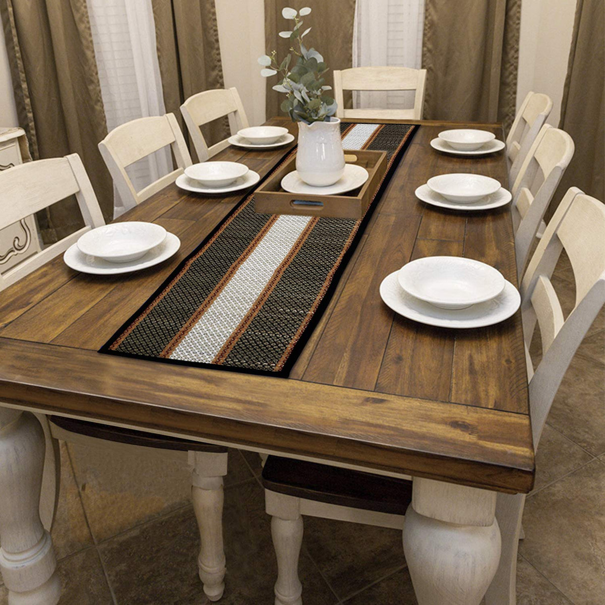 Buy Black Colour natural handmade Madurkathi table runner for 6 seater tables | HOKIPO