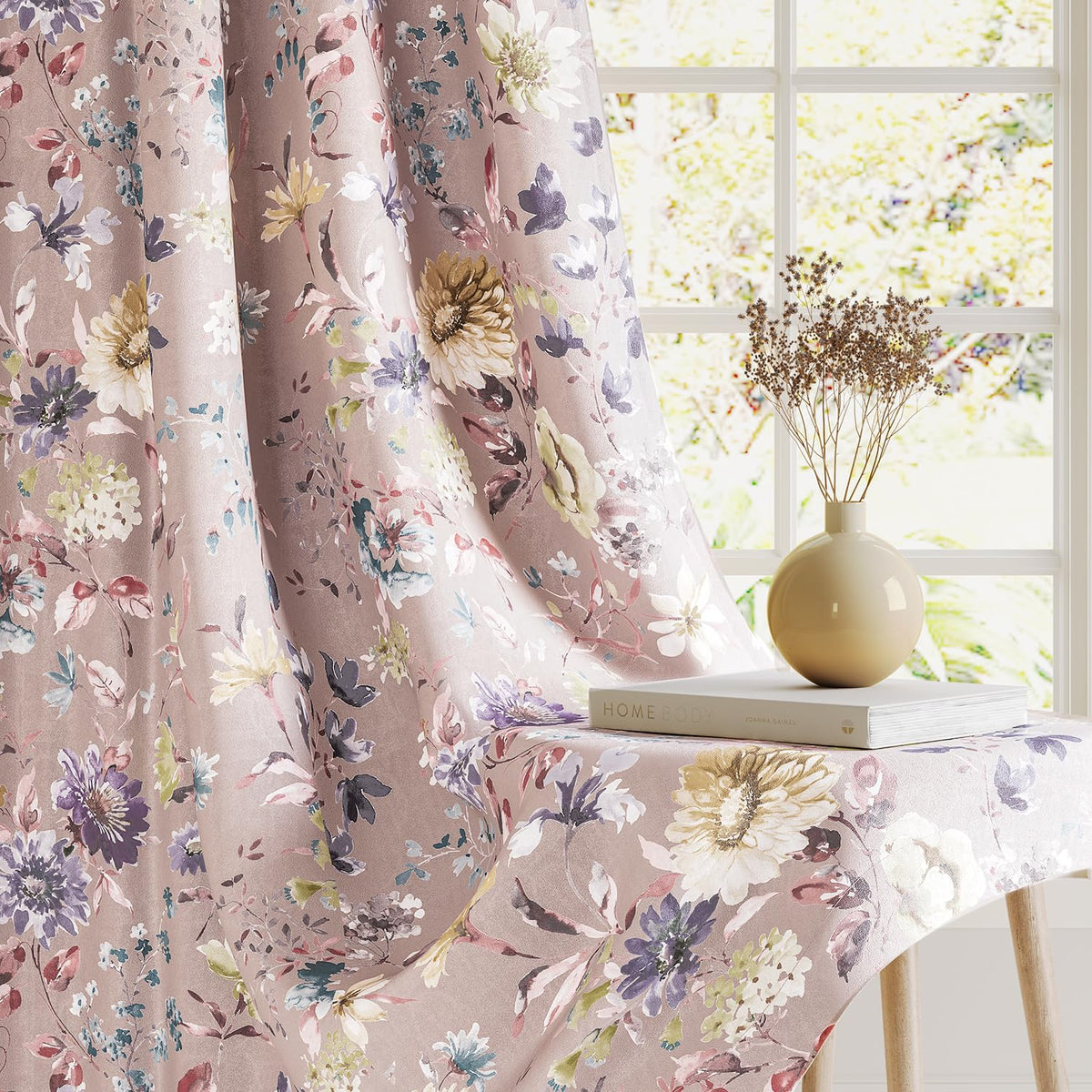 HOKIPO Bloomscape Eyelet Curtains, 7 Feet Long - Powder Pink
