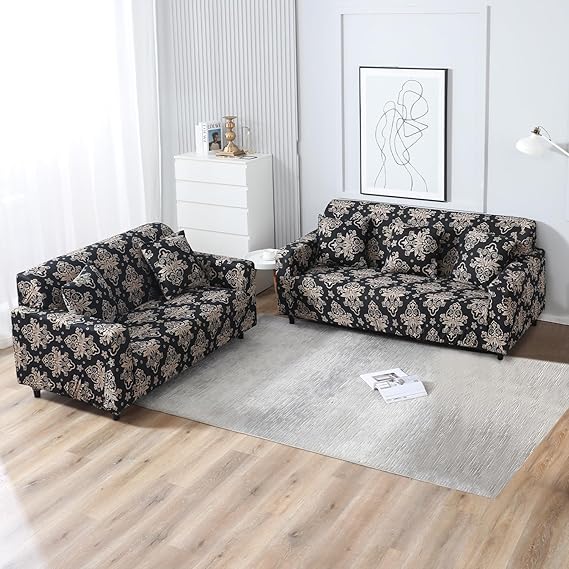 Elastic Stretchable Printed Sofa Cover, Black Damask