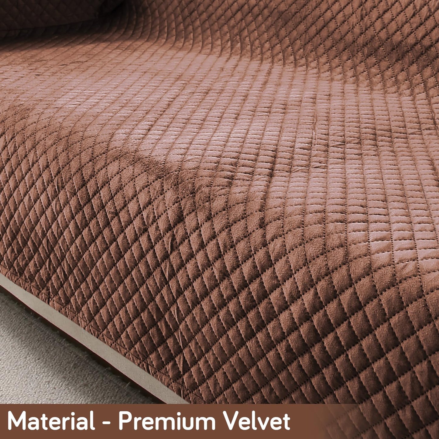 Quilted Velvet Sofa Cover Mat with Side Pockets, Pet Friendly, Russet Brown