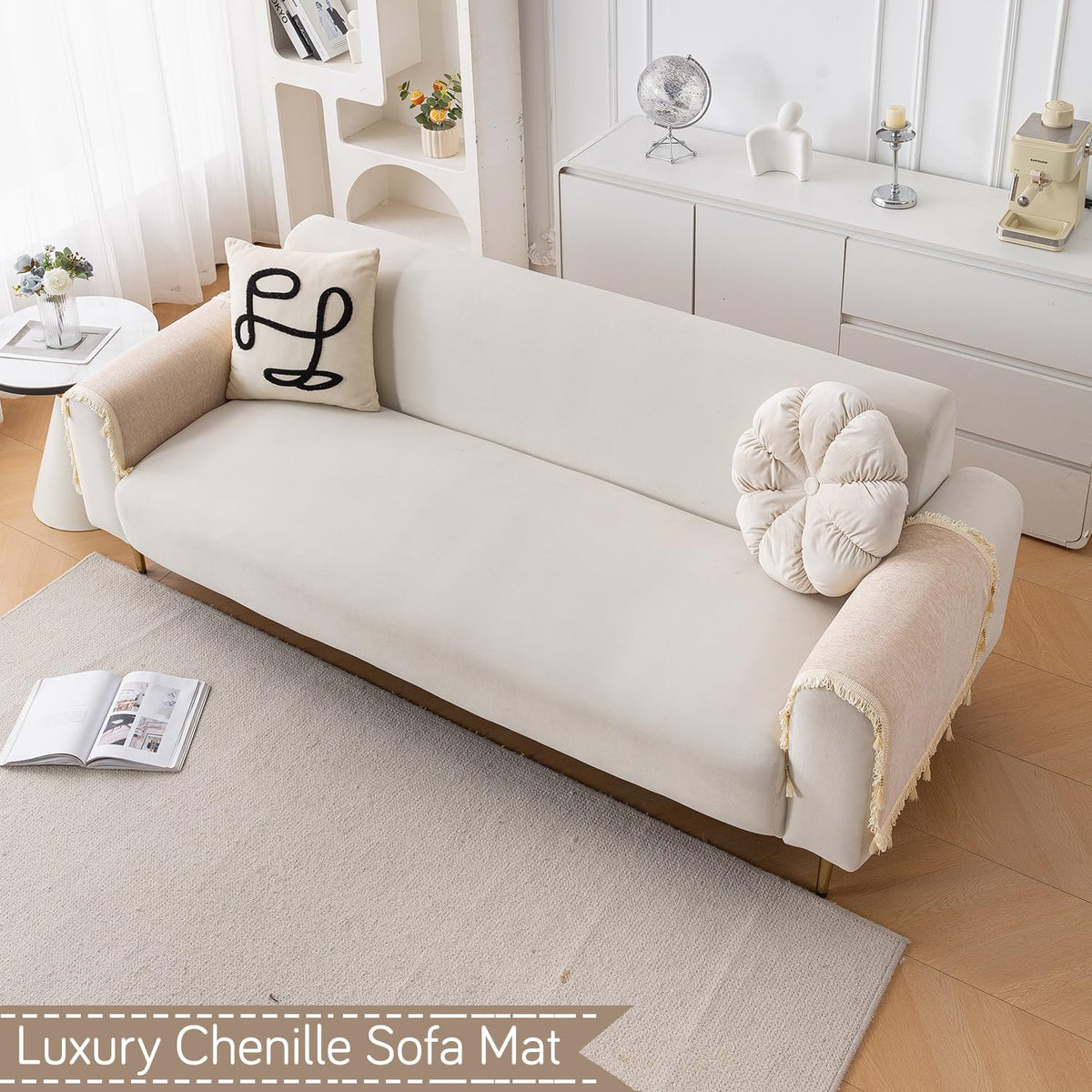Serenity Tassel Chenille Sofa Cover with Tassel – Ivory Fringe