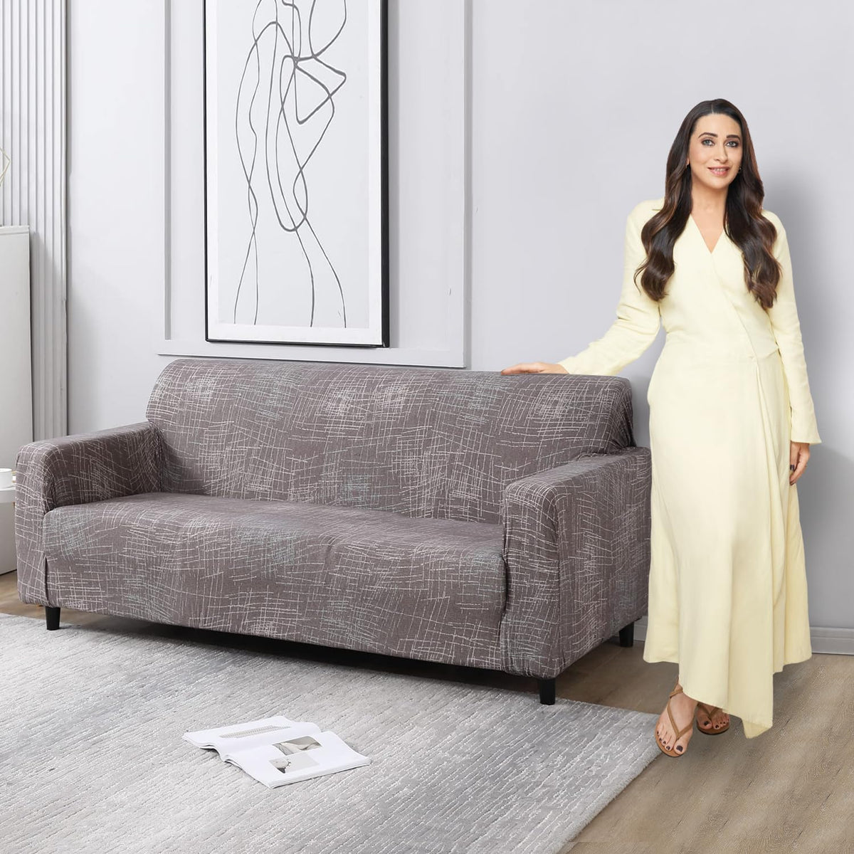 Abstract Lines Brown full fitted stretchable three seater sofa cover
