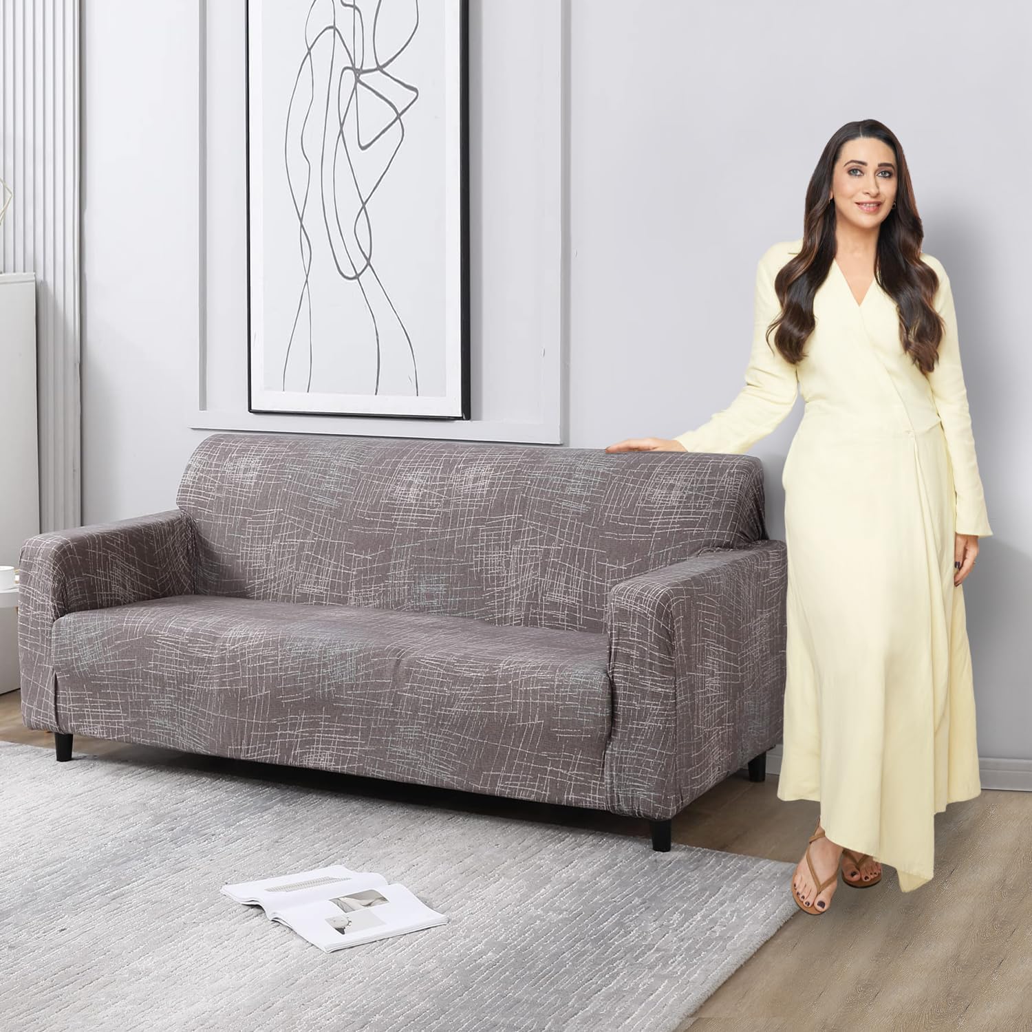 Abstract Lines Brown full fitted stretchable three seater sofa cover
