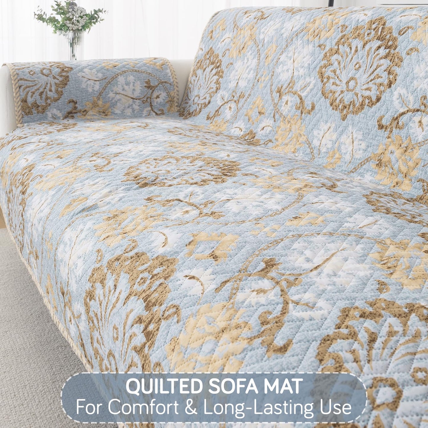 Easy Drape Reversible Quilted 5-Seater Sofa Cover (3+1+1), Cool Breeze Floral