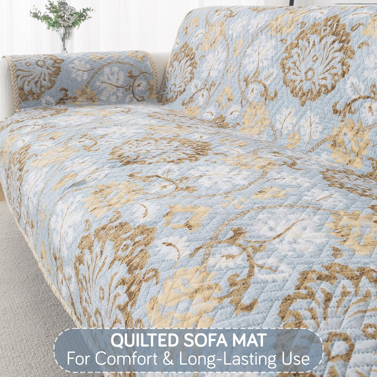 Easy Drape Reversible Quilted 5-Seater Sofa Cover (3+1+1), Cool Breeze Floral
