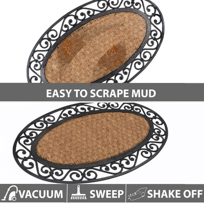 Natural Rubber Coir Oval Doormat with Designer Border, Anti-Slip Rubber Backing, 45x75 cm