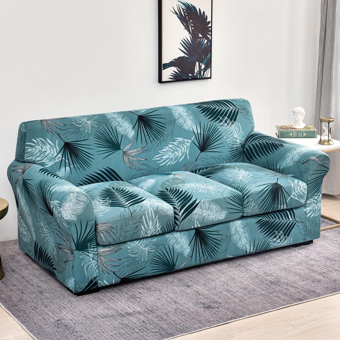 Printed Stretchable Sofa Slipcover with 1/2/3 Pc Separate Seat Cushion Cover for each 1/2/3 Seater, Aqua Palm Whisper