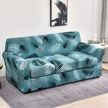 Printed Stretchable Sofa Slipcover with 1/2/3 Pc Separate Seat Cushion Cover for each 1/2/3 Seater, Aqua Palm Whisper