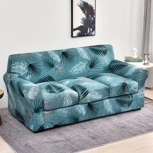 Printed Stretchable Sofa Slipcover with 1/2/3 Pc Separate Seat Cushion Cover for each 1/2/3 Seater, Aqua Palm Whisper