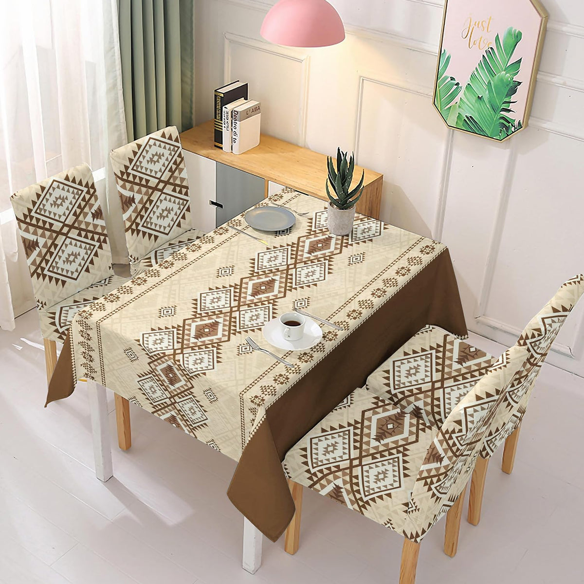 Polyester Dining Chair Covers Set of 4/6 with Matching Tablecloth, Rhombus Moss Brown