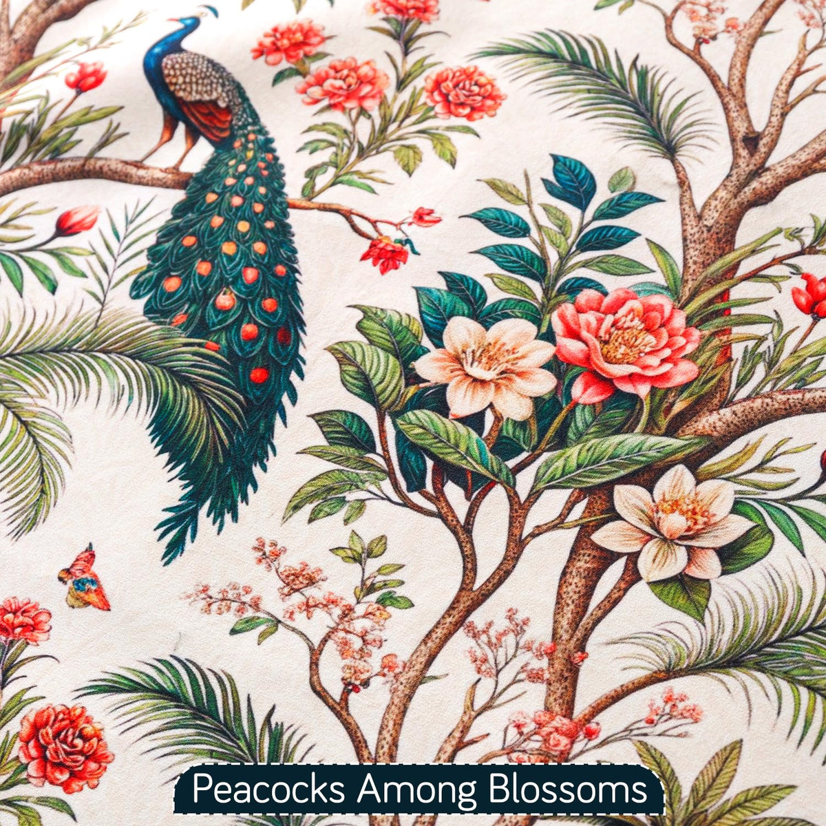 'Whispers of Nature' Series Holland Velvet Sofa Seat Mat with Tassel, Multicolor Tropical Peacock