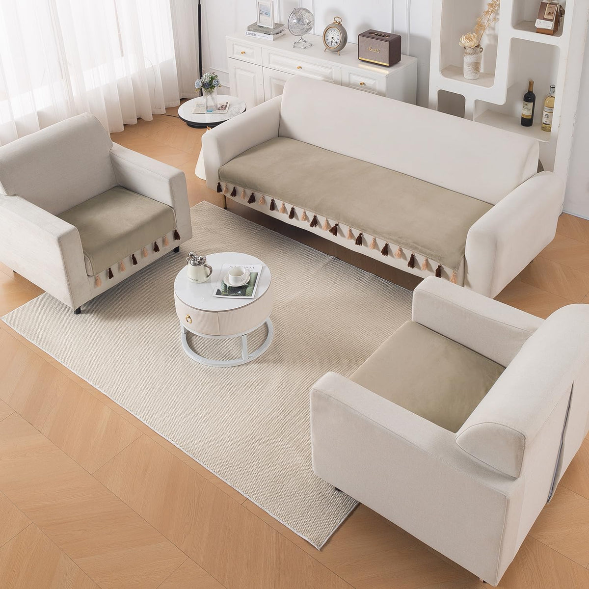 Premium Holland Velvet 5-Seater Sofa Cover (3+1+1), TasselTone Series | Sand Beige
