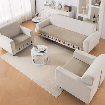 Premium Holland Velvet 5-Seater Sofa Cover (3+1+1), TasselTone Series | Sand Beige