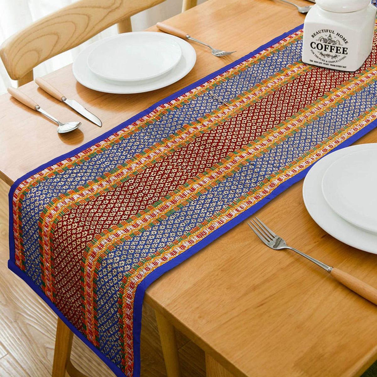 Buy Blue Colour natural handmade Madurkathi table runner for 4 & 6 seater tables | HOKIPO