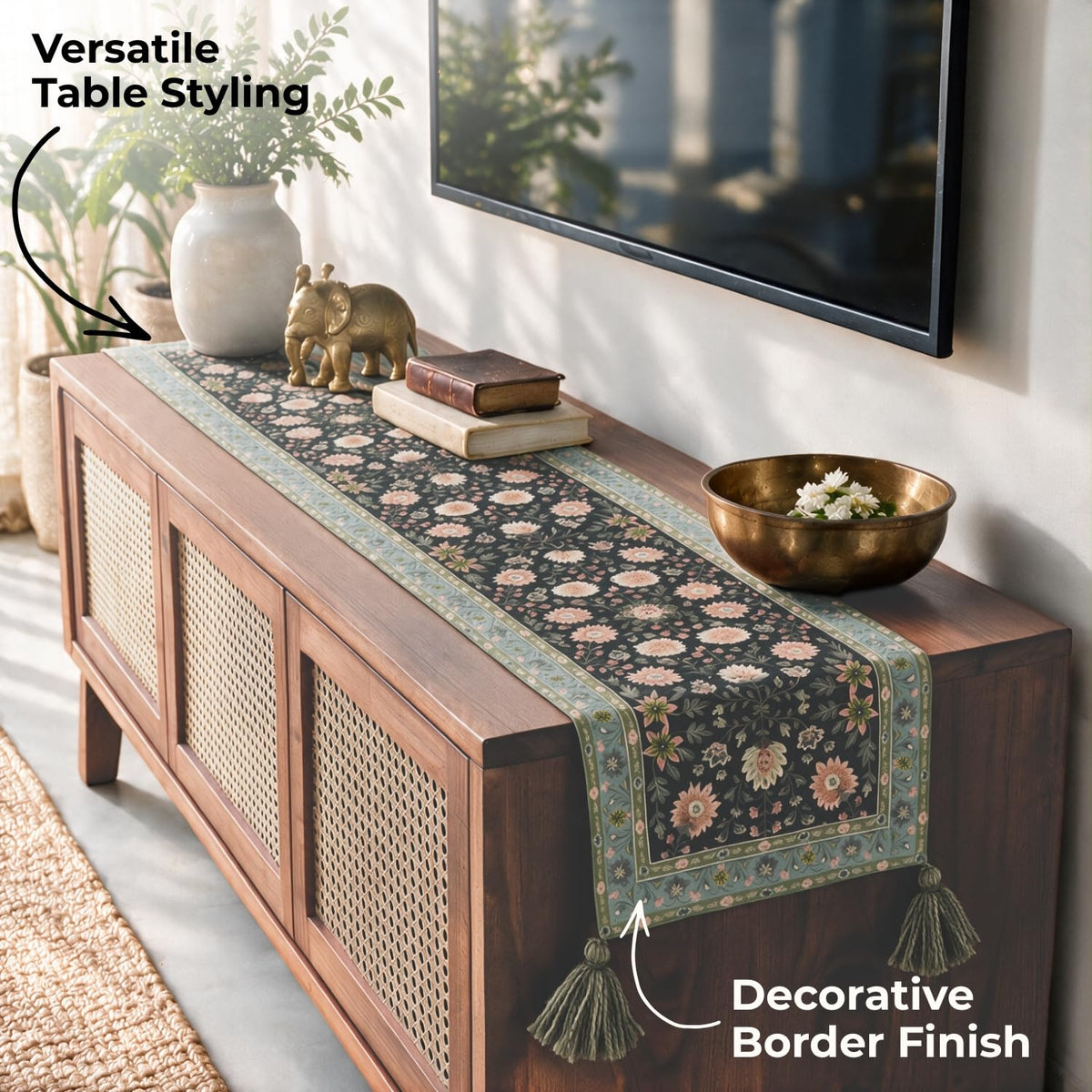 HOKIPO Floral Printed & Embroidered Table Runner, Charcoal Sage - image 5
