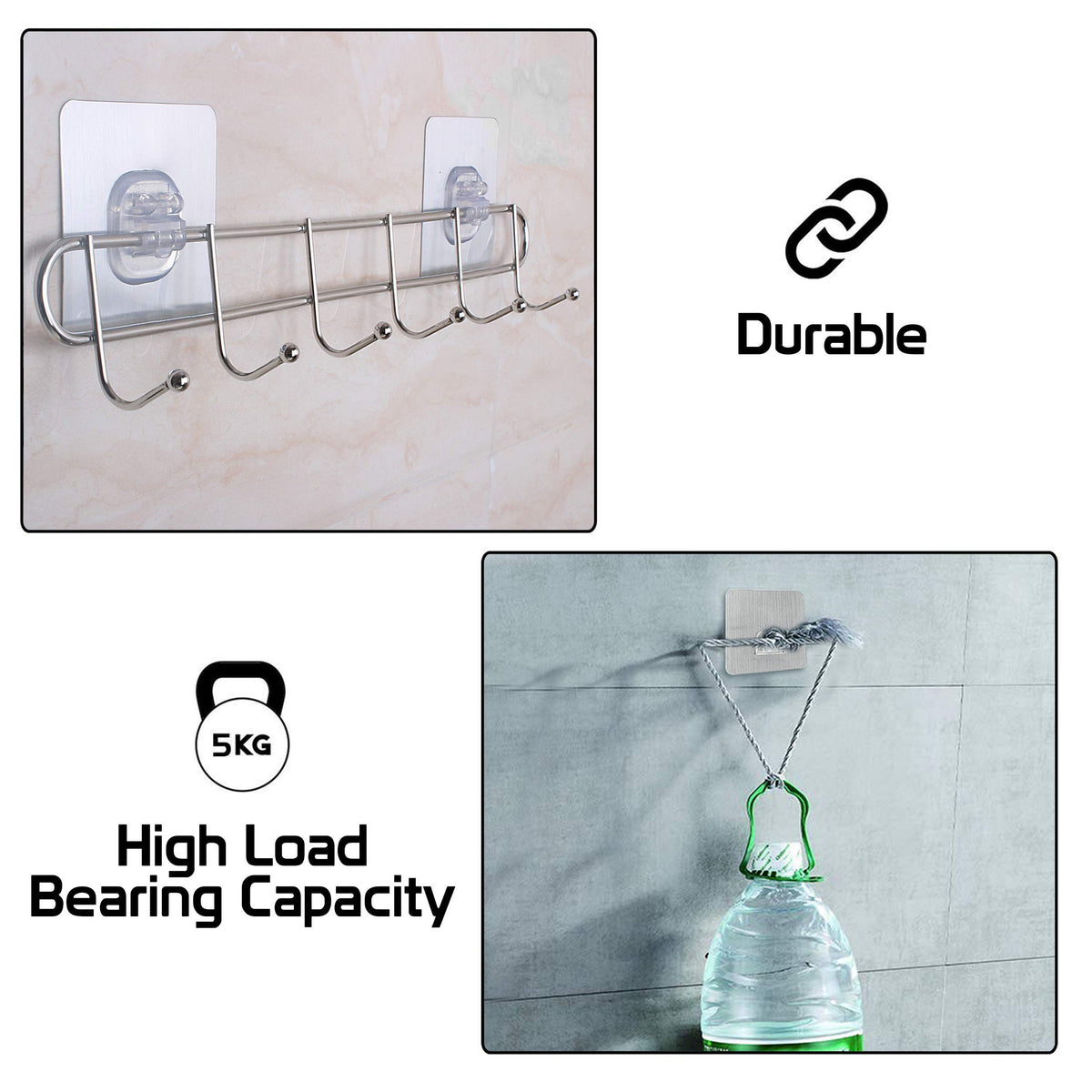 Magic Sticker Series Self Adhesive Stainless Steel 6/8 Hook Rail - 5KG Load Capacity