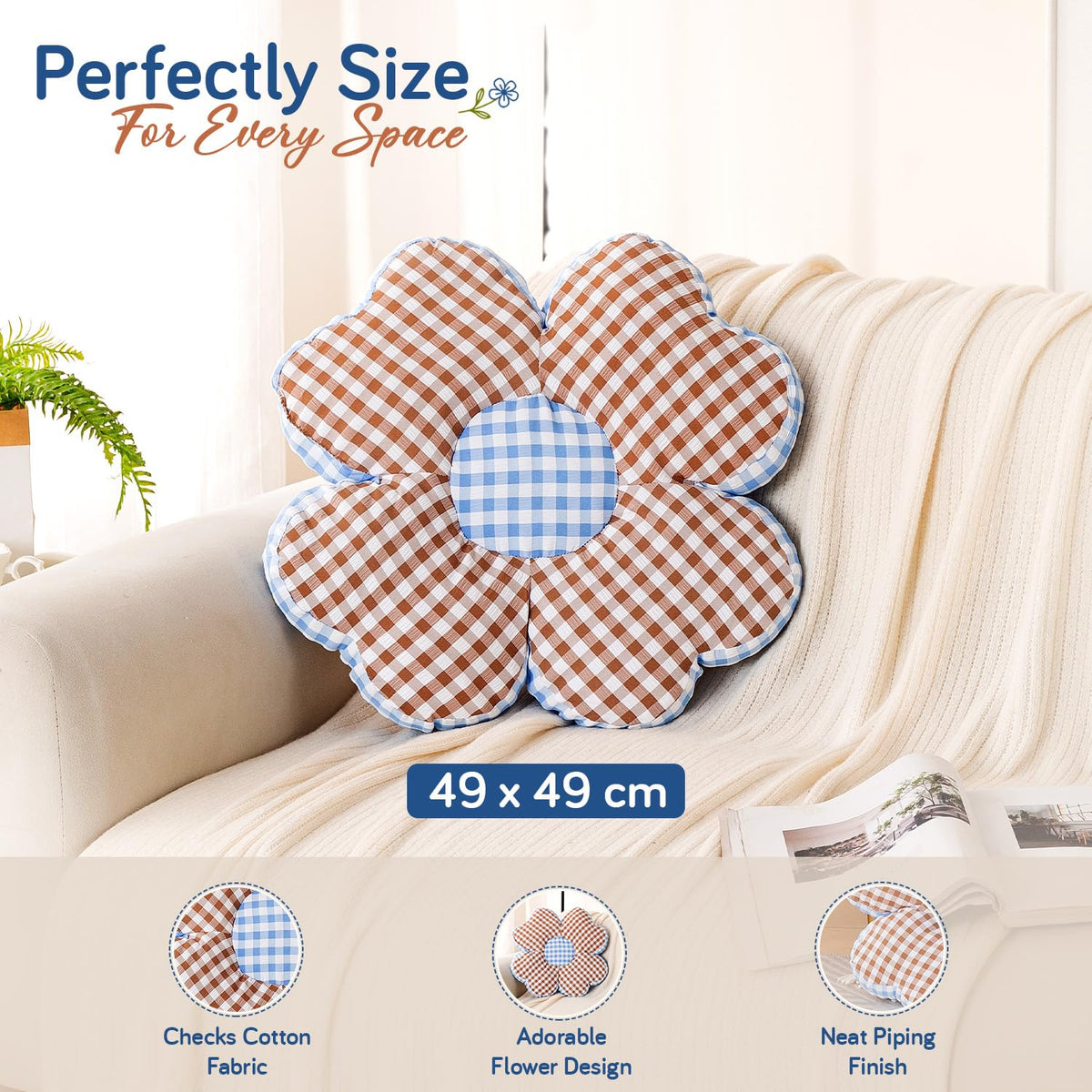 HOKIPO Checkered Daisy Flower Cushion for Sofa & Bed, 49 cm, Brown