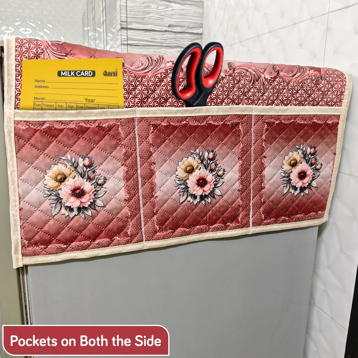 Eternal Floral Printed Quilted Fridge Top Cover with side Pockets - Crimson Bouquet