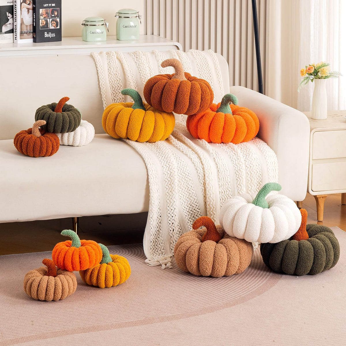 HOKIPO Pumpkin Shaped Throw Pillow for Fall & Party Decor, 20 cm, White