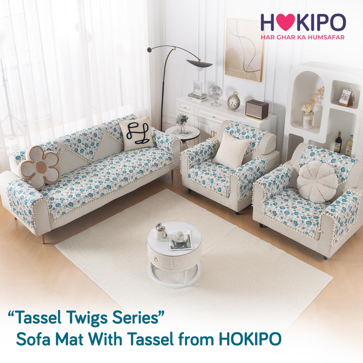 Quilted Sofa Seat Mat for 5-Seater Sofa (3+1+1), Tassel Twigs | Cerulean Bloom